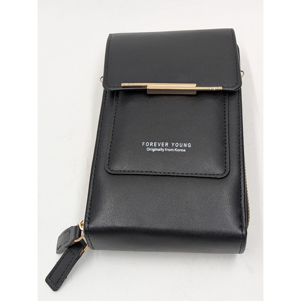 Forever Young Black Crossbody Phone Bag Wallet Touch Screen Window Vegan Leather